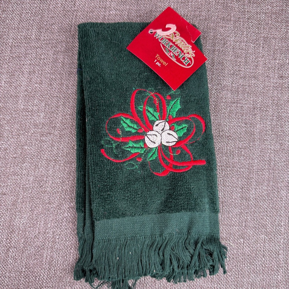 Santas Workbench Christmas Towel Green Holly Bells 100% cotton 16"x8" New